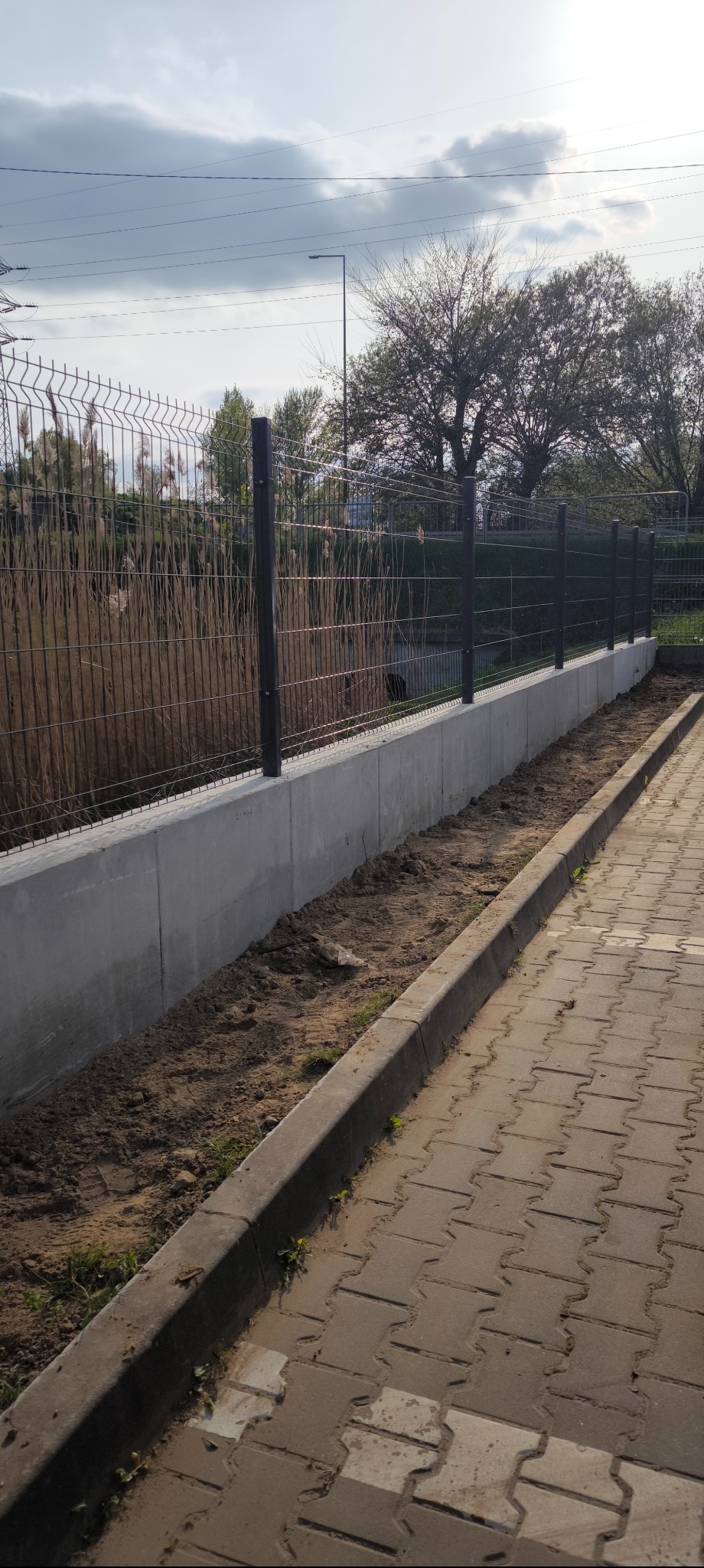 Nowoczesne ogrodzenie panelowe z podmurówką betonową, widok z boku, zarośla w tle. Elementy metalowe w kolorze grafitowym, kostka brukowa obok. Słoneczny dzień.