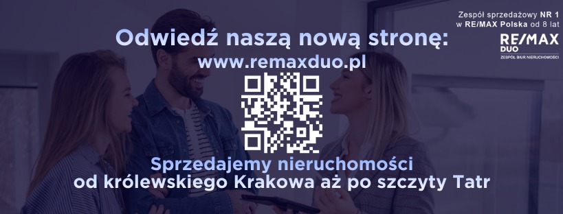Zespół agentów nieruchomości RE/MAX DUO zaprasza na stronę www.remaxduo.pl. Sprzedaż nieruchomości od Krakowa po Tatry. Kod QR do zeskanowania.
