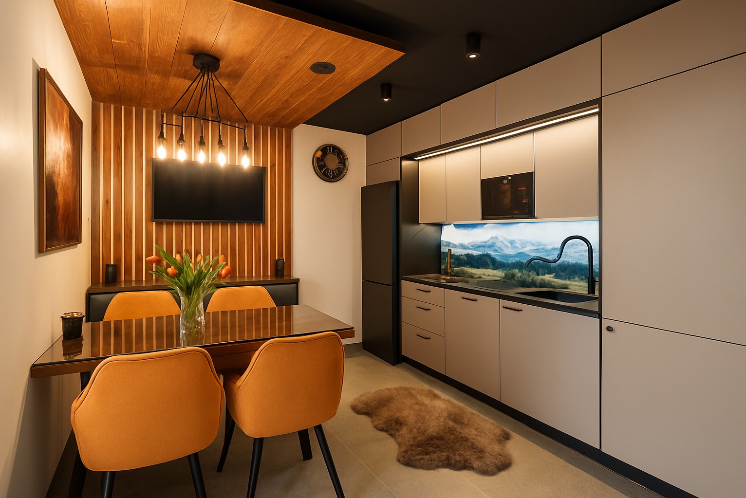 Nowoczesna kuchnia z jadalnią: beżowe szafki, czarny sprzęt, drewniane akcenty i widok na góry na szklanym panelu. Pomarańczowe krzesła przy stole.