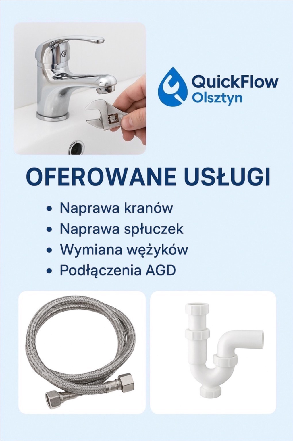 Grafika reklamowa: kran, klucz nastawny, wężyk, syfon i logo QuickFlow Olsztyn. Oferowane usługi: naprawa kranów i spłuczek, wymiana wężyków, podłączenia AGD.