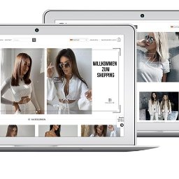 netPOINT Tomasz Kuciapski - Dwa laptopy prezentują stronę sklepu internetowego z odzieżą damską charlizeshop.de. Widoczne zdjęcia modelek w różnych stylizacjach, menu w języku niemieckim.