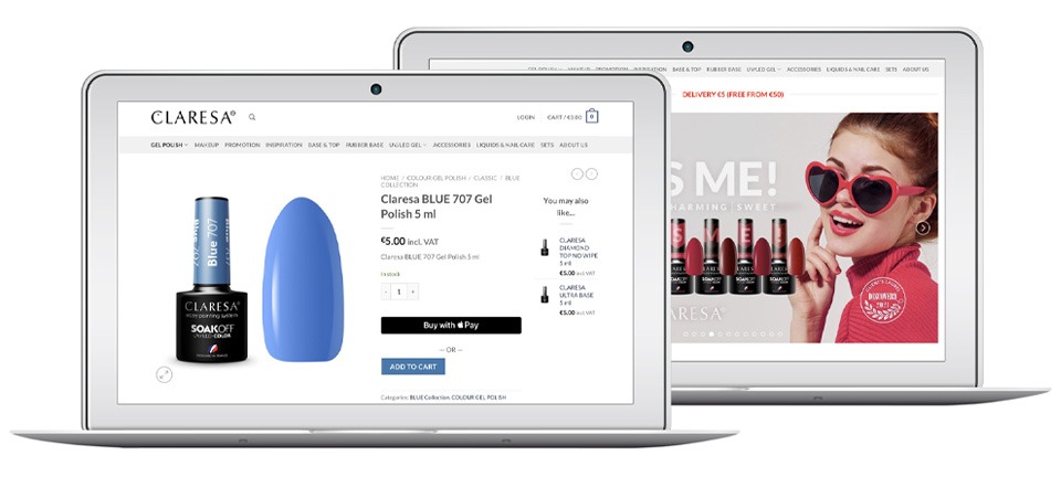Dwa laptopy prezentują stronę internetową claresa.ie z ofertą lakierów do paznokci, w tym Claresa BLUE 707. Widoczny koszyk i opcje zakupu.
