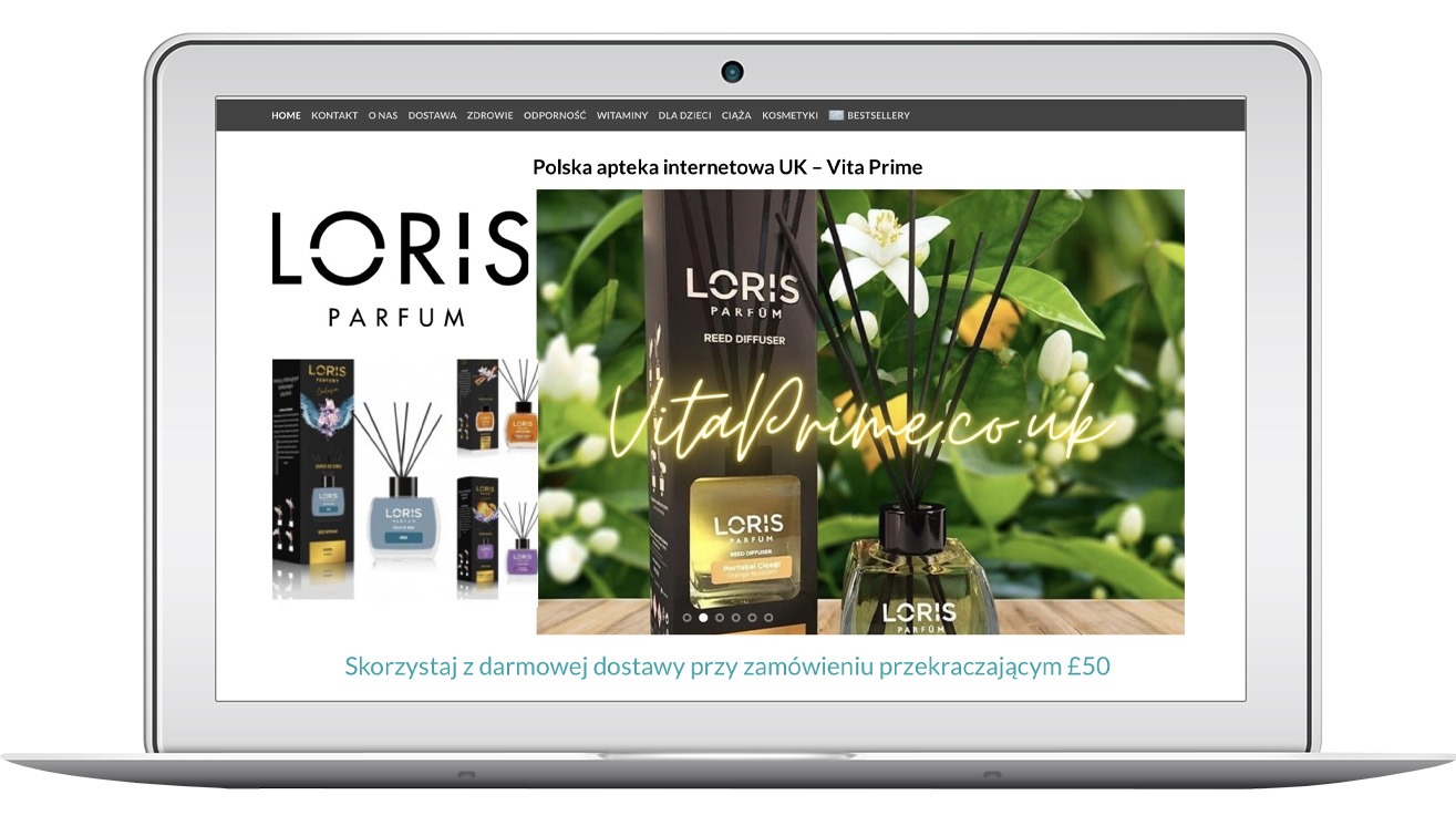 Laptop wyświetla stronę internetową Vita Prime z dyfuzorami zapachowymi Loris Parfum. Widok ekranu w Sochaczewie. Prezentacja oferty sklepu online.