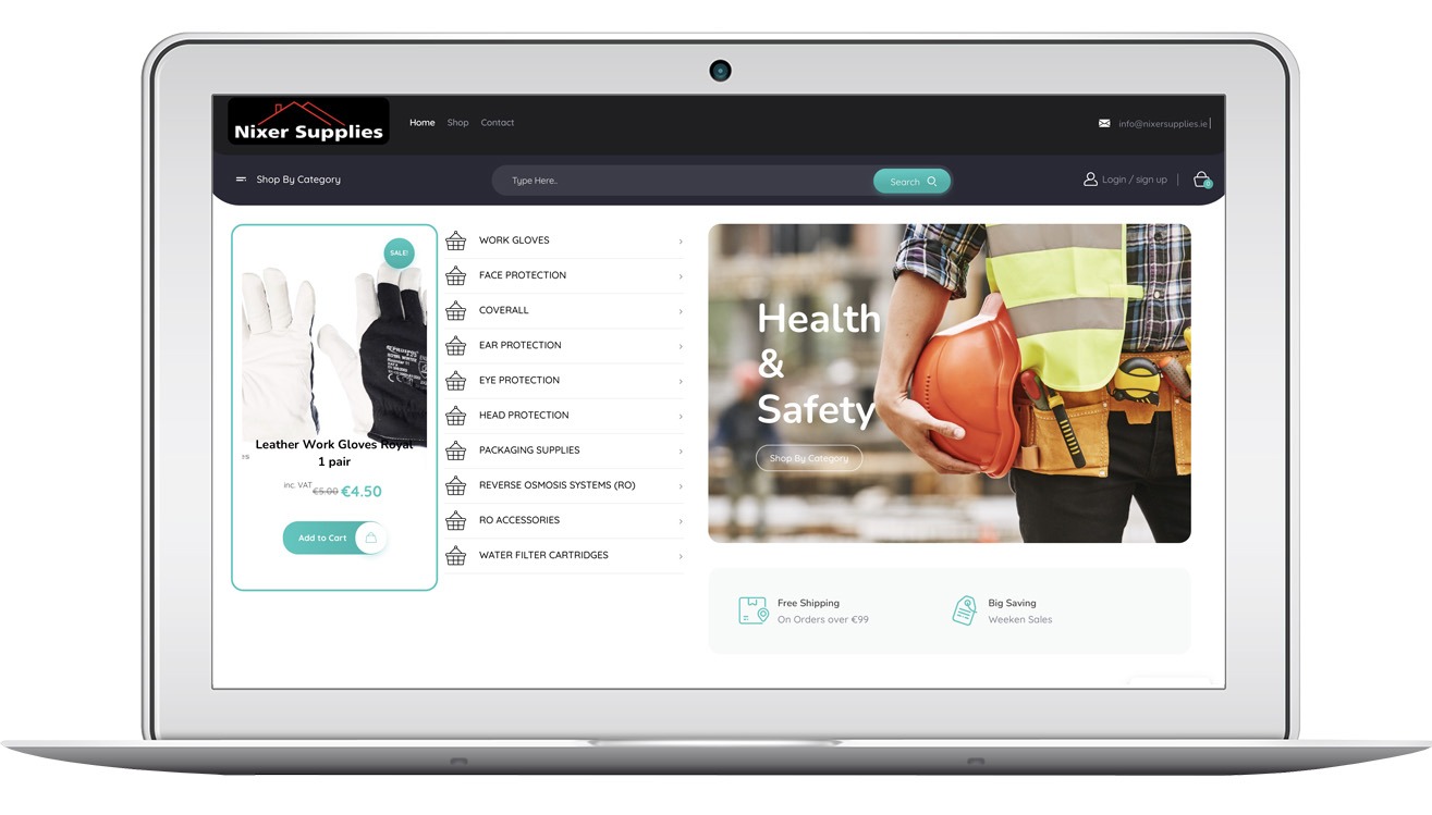 Laptop wyświetla stronę sklepu internetowego Nixer Supplies z ofertą rękawic roboczych i artykułów BHP. Widoczny motyw Health & Safety oraz pasek kategorii produktów.