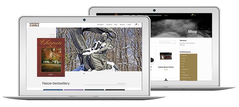 Dwa laptopy z otwartymi stronami internetowymi: jeden z książką 'Chopin', drugi ze sklepem internetowym. Ukazują responsywny design stron.