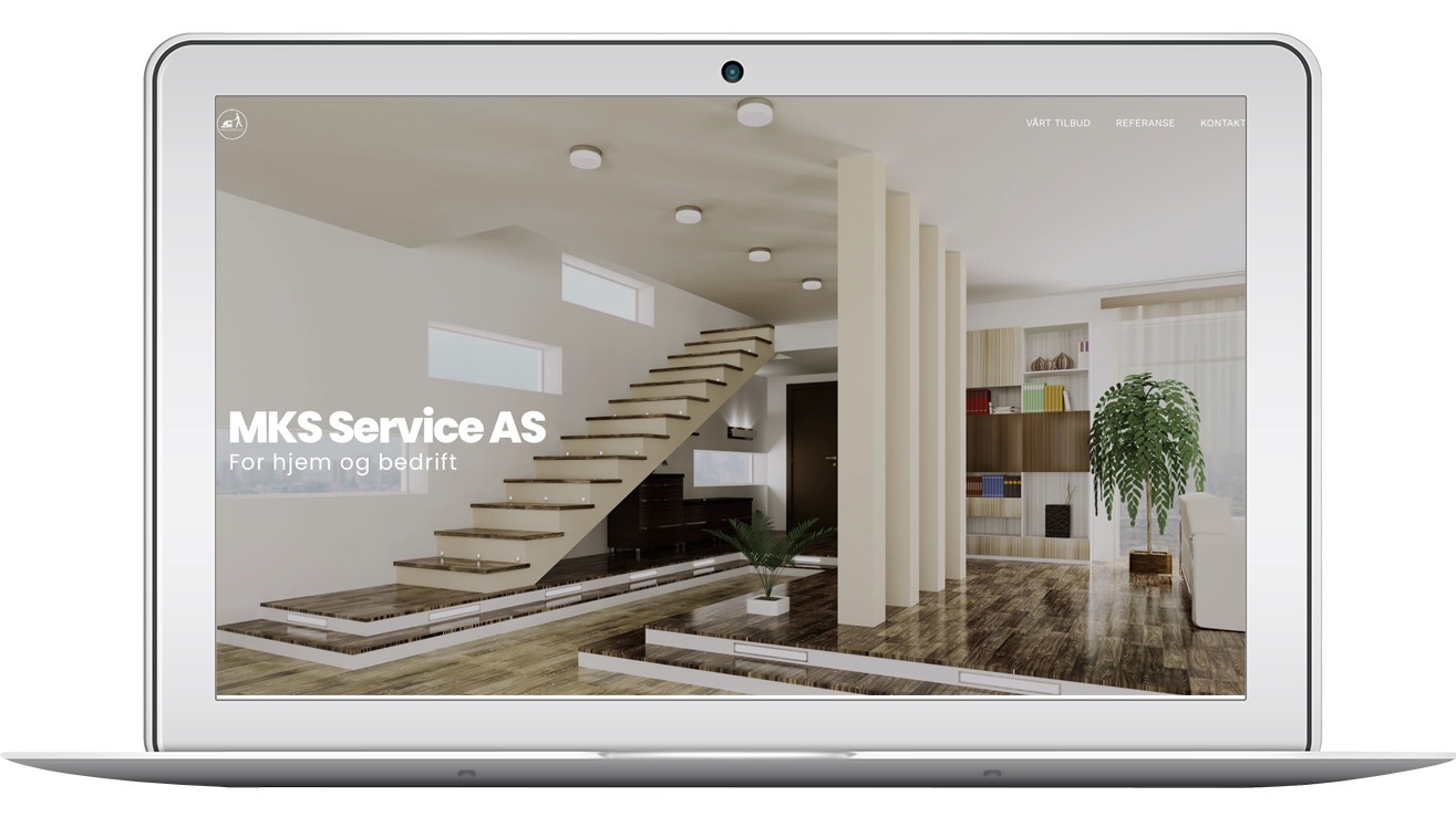 Laptop wyświetla stronę internetową MKS Service AS z wizualizacją wnętrza: schody, kolumny, regał. Jasne wnętrze, nowoczesny design. Prezentacja strony na urządzeniu.