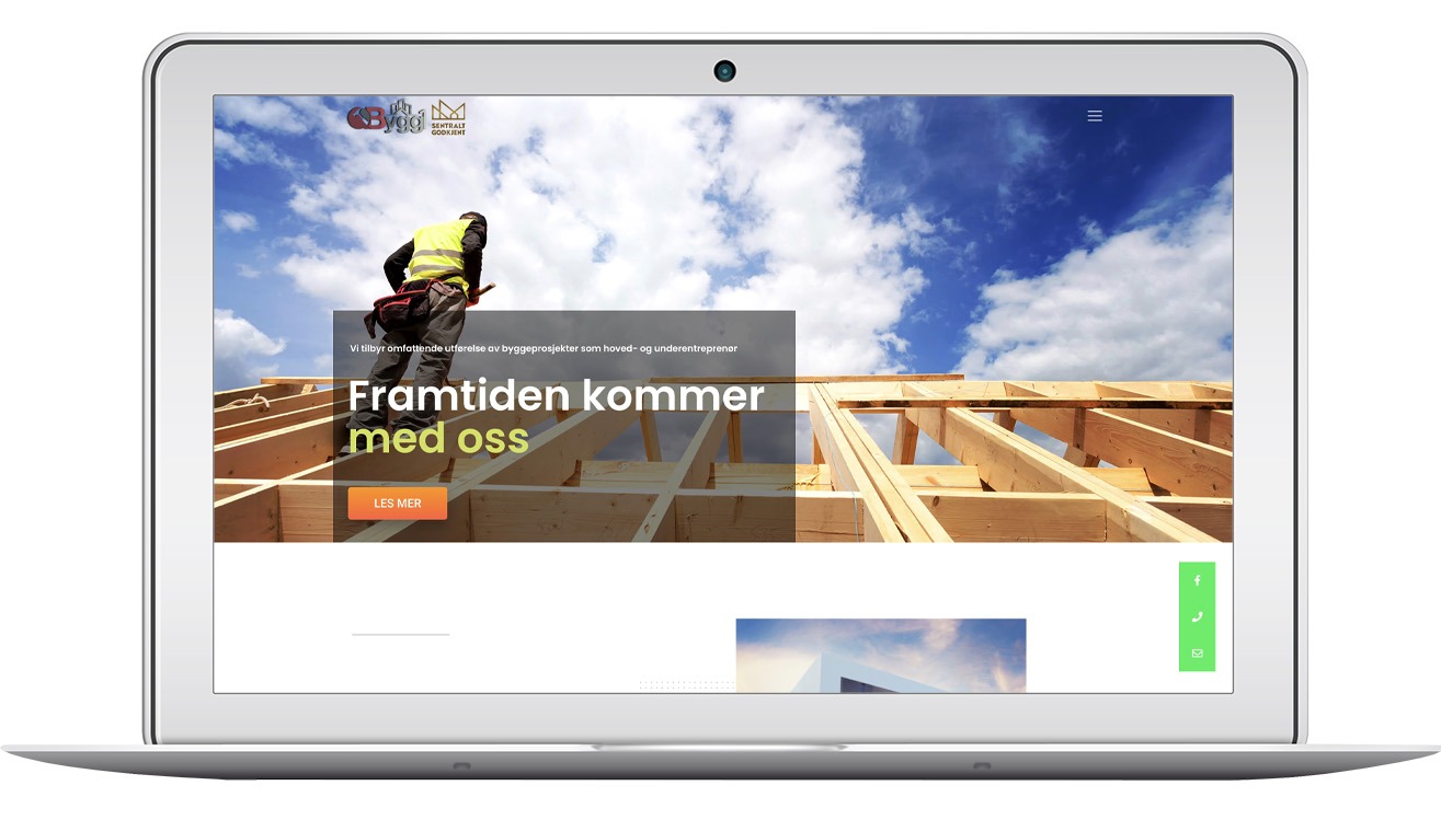 Laptop wyświetla stronę internetową firmy budowlanej z motywem drewnianej konstrukcji dachu i pracownikiem w kamizelce odblaskowej. Minimalistyczny design strony.