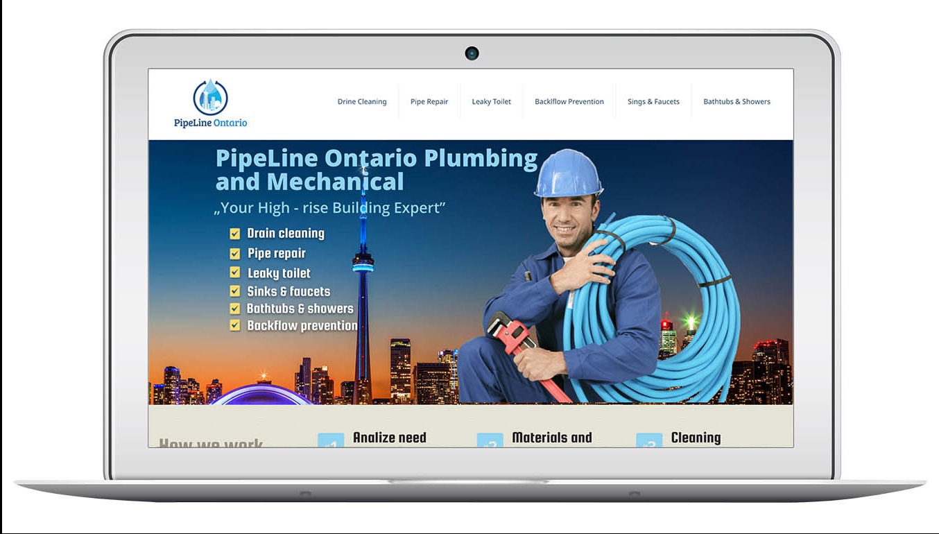 Strona internetowa firmy Pipeline Ontario na laptopie, prezentująca usługi hydrauliczne w Sochaczewie. Hydraulik z narzędziami na tle panoramy miasta.