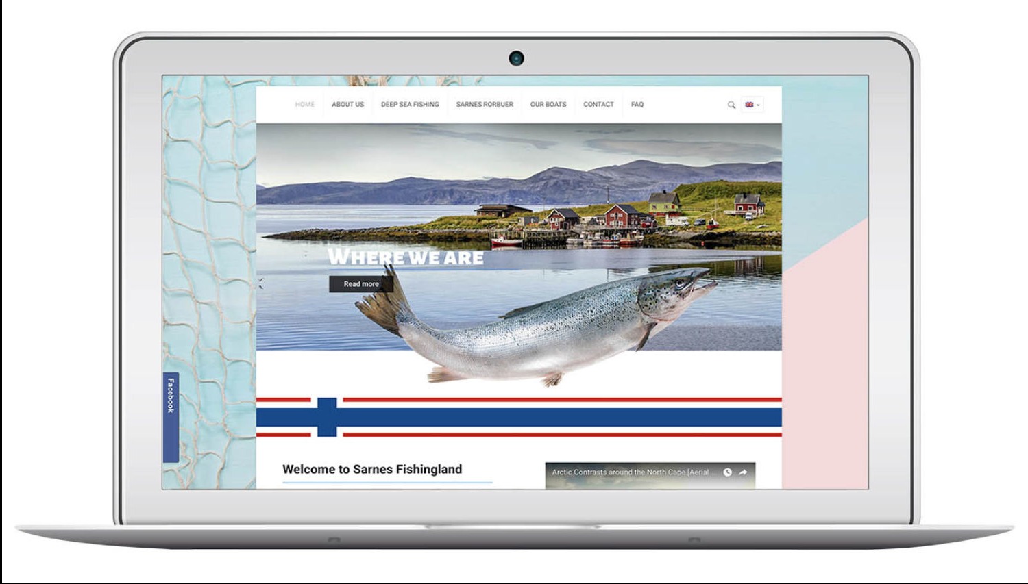 Laptop prezentuje stronę internetową fishingland.no z motywem rybackim, widokiem na morze i rybą. Strona ma menu nawigacyjne i przycisk 'Read more'.