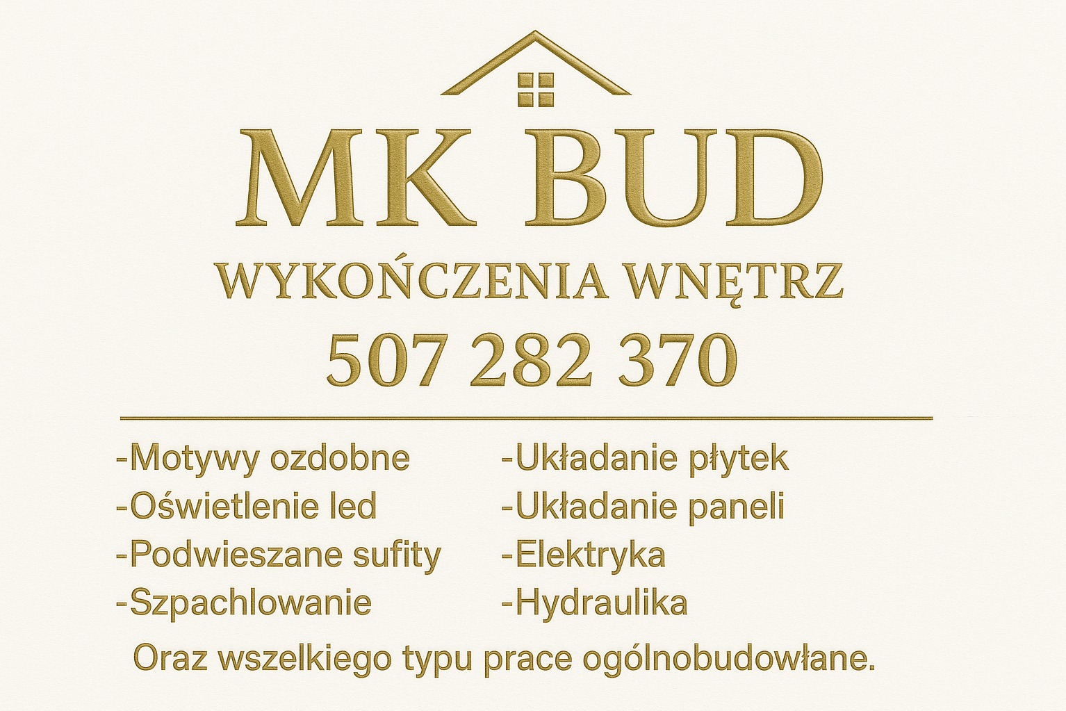 Grafika z nazwą firmy MK BUD, oferującej wykończenia wnętrz, numerem telefonu i listą usług: układanie płytek, szpachlowanie, elektryka, hydraulika i inne.