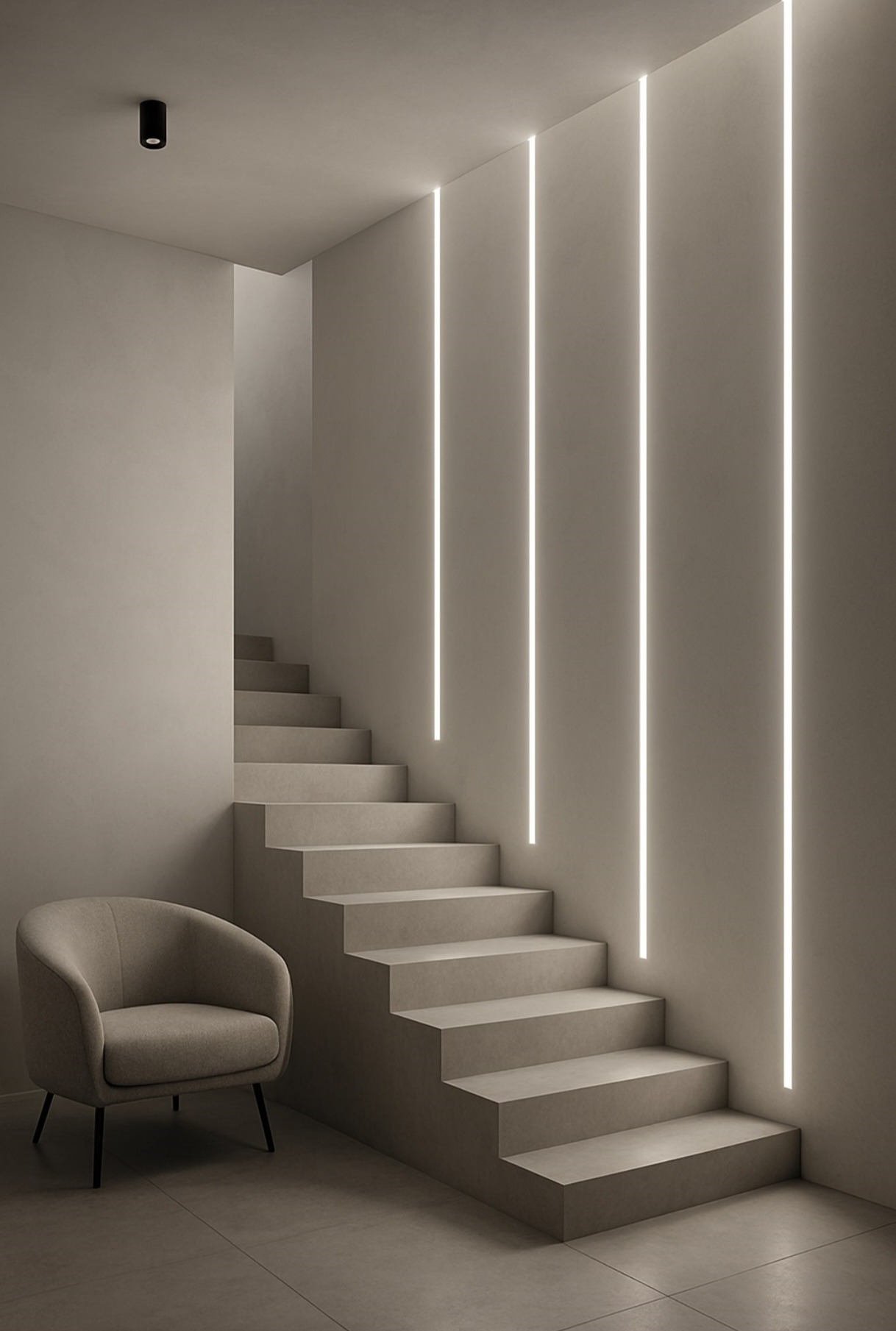 Minimalistyczne schody z oświetleniem LED w ścianie, fotel w neutralnym odcieniu, punktowe oświetlenie sufitowe. Nowoczesne wykończenie wnętrza w stonowanej kolorystyce.