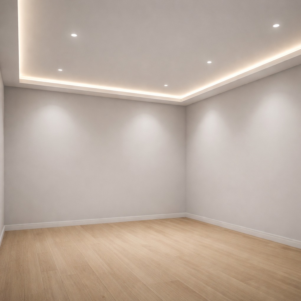 Puste, jasne wnętrze z drewnianą podłogą i białymi ścianami. Sufit podwieszany z oświetleniem LED. Minimalistyczny design, gotowe do aranżacji.