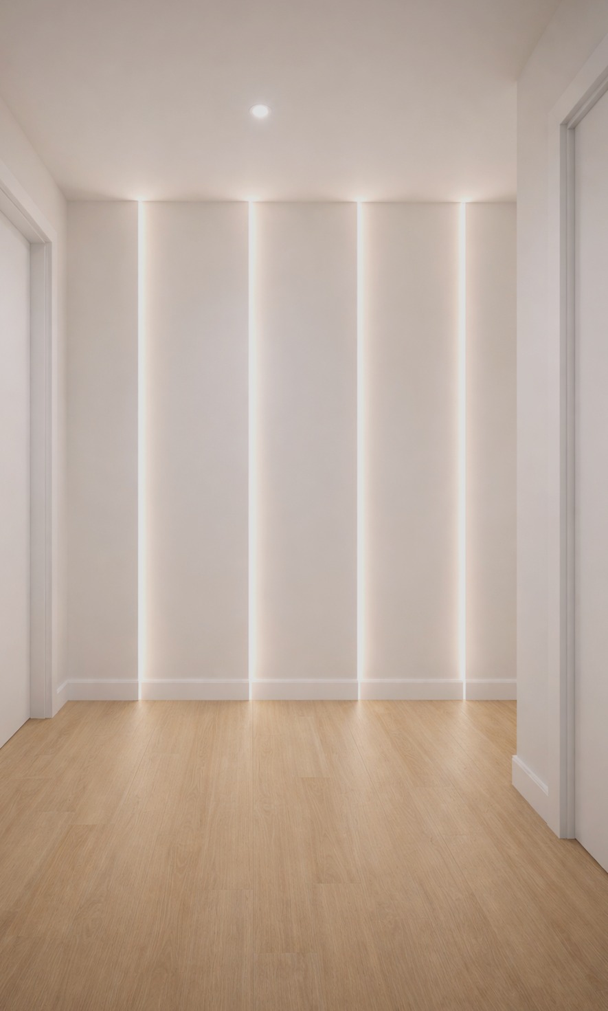 Jasne panele podłogowe w korytarzu z białymi ścianami i subtelnym oświetleniem LED. Minimalistyczny design wnętrza z widocznymi detalami wykończenia.