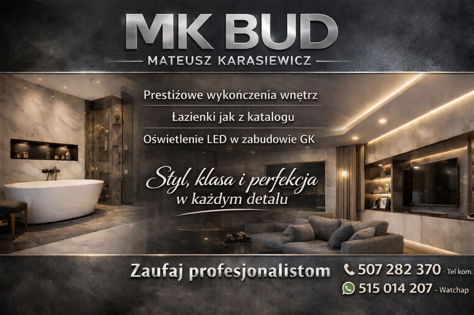 Elegancka aranżacja wnętrz: marmurowa łazienka z wolnostojącą wanną i salon z oświetleniem LED. Całość w stonowanej kolorystyce, podkreślona hasłem 'Styl, klasa i perfekcja'.
