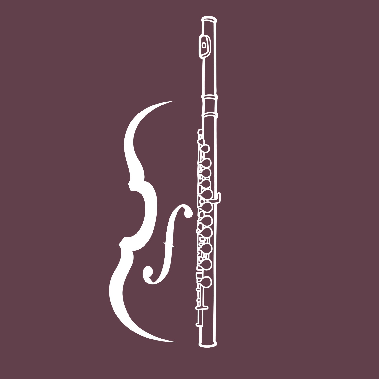 Grafika wektorowa: białe kontury skrzypiec i fletu na purpurowym tle. Minimalistyczny design, instrumenty ustawione pionowo obok siebie.