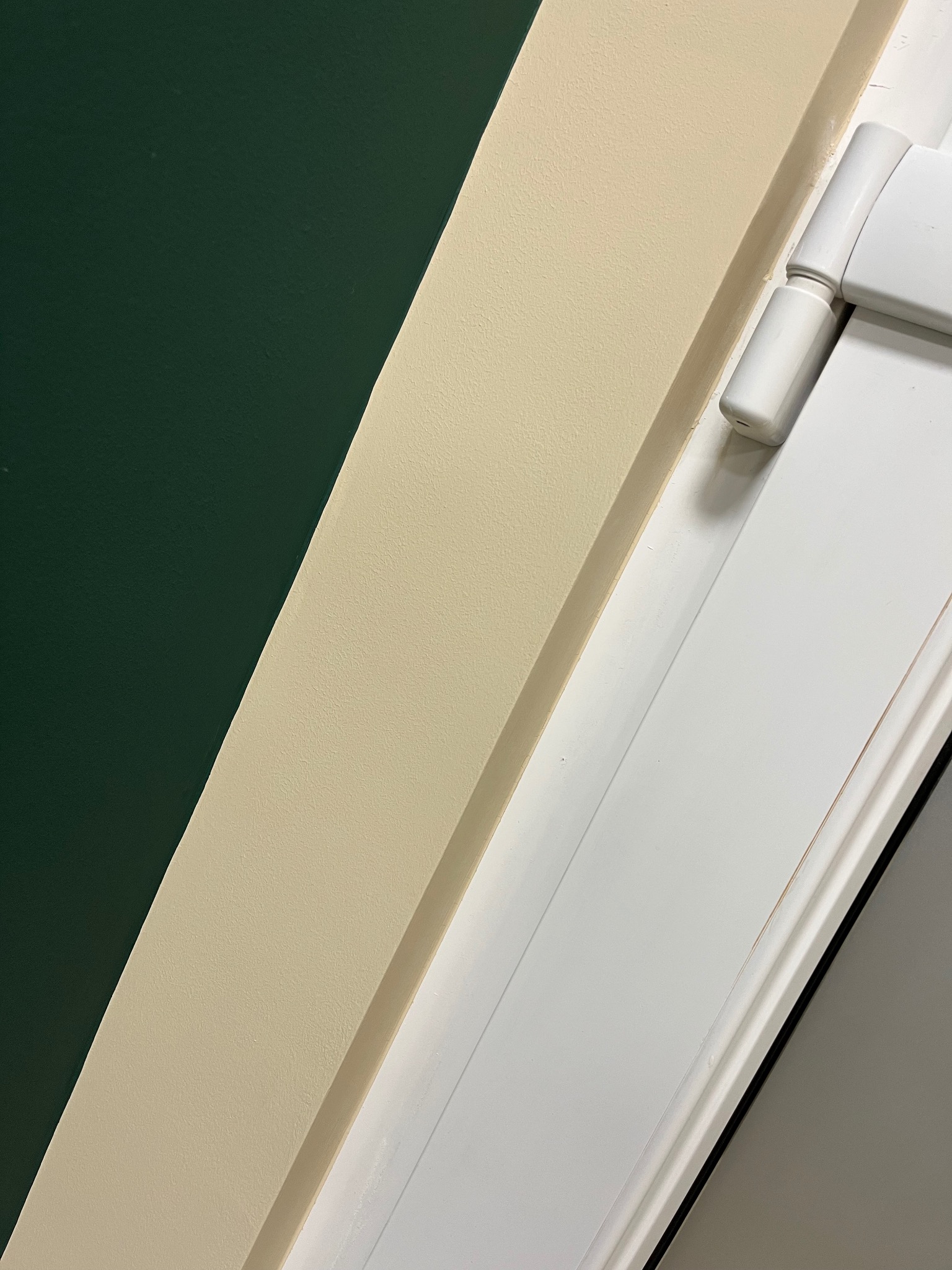 Fragment pomalowanej ściany na ciemnozielono, z beżową listwą przypodłogową i białymi drzwiami z zawiasem. Detal wykończenia wnętrza po malowaniu.