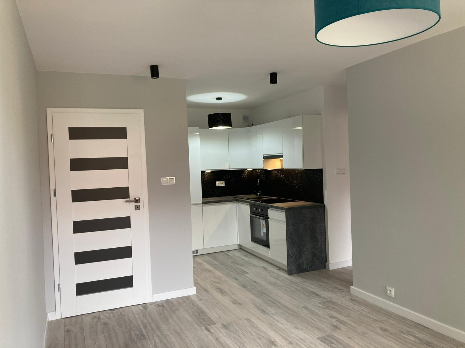 Nowoczesne wnętrze: biała kuchnia z czarnym blatem i panelami, drewnopodobna podłoga, białe drzwi z czarnymi pasami, minimalistyczne oświetlenie.