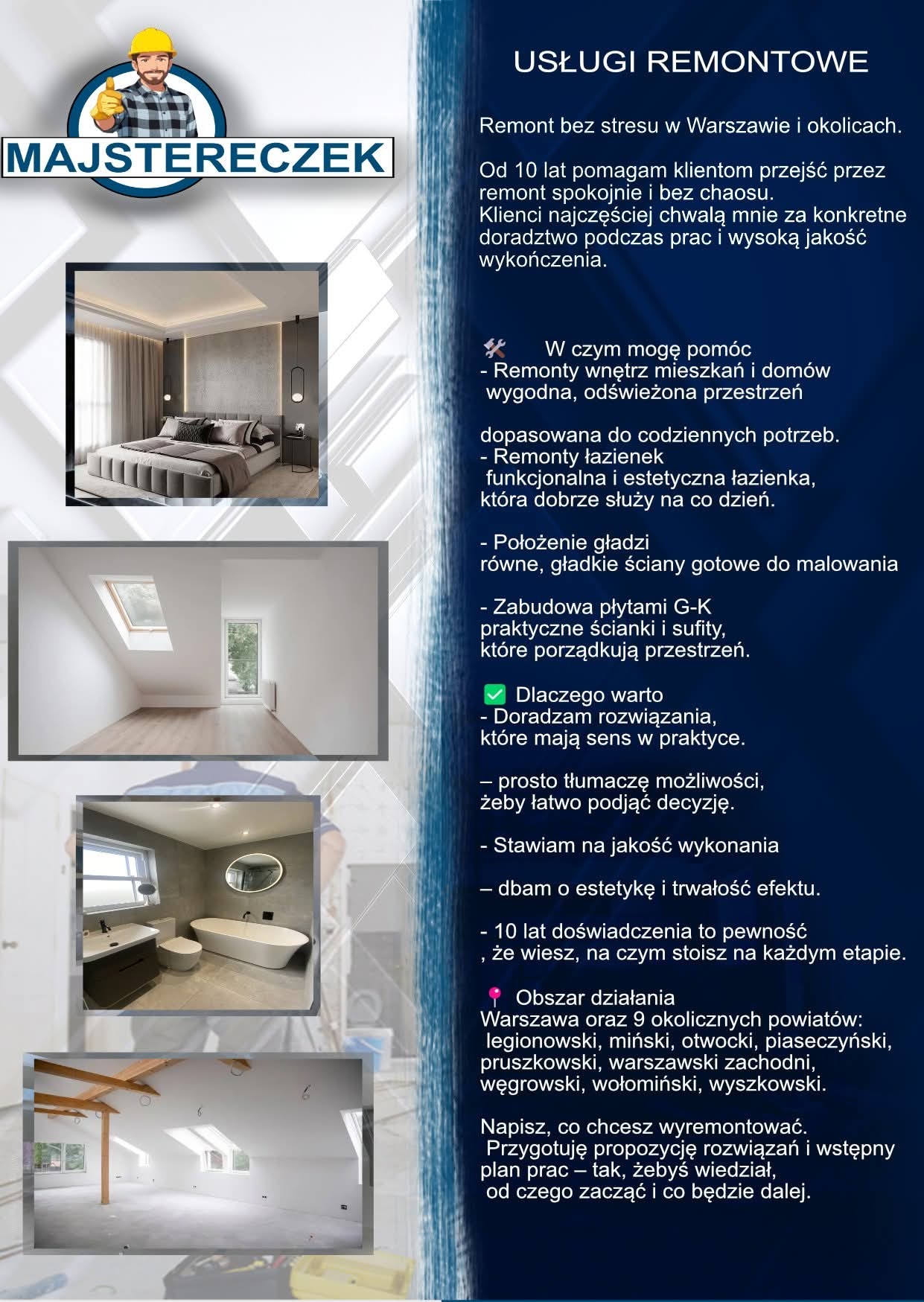 Baner reklamowy firmy remontowej: Majstereczek. Prezentacja usług remontowych, w tym aranżacje wnętrz, łazienek i gładzie. Informacje o obszarze działania: Warszawa i okolice.