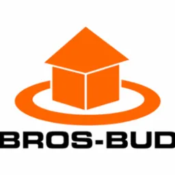 Pomarańczowe logo firmy budowlanej Bros-Bud z motywem domu w okręgu na białym tle.