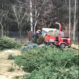 Wycinka Drzew Adam Kruk - Pracownik w kasku wrzuca gałęzie do czerwonej rębarki na przyczepie. W tle sterta gałęzi i drzewa bez liści. Praca w ogrodzie.