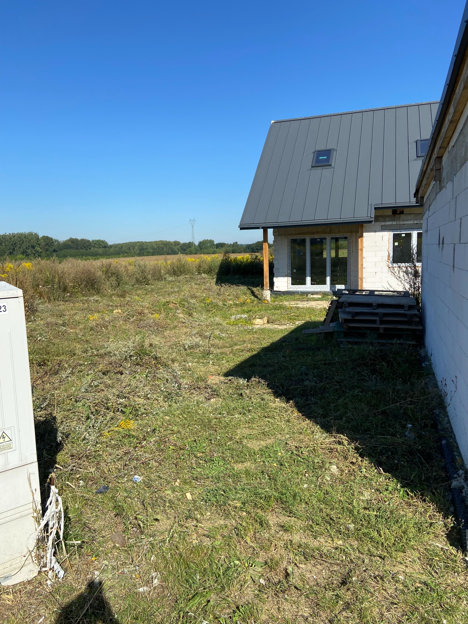 Teren przed domem w trakcie budowy, zarośnięta trawa i chwasty. Widoczne palety przy ścianie budynku i skrzynka elektryczna. W tle pole i las pod błękitnym niebem.