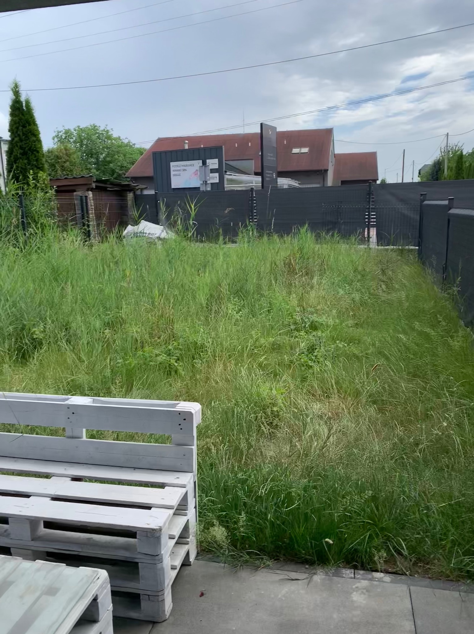 Zarośnięty trawnik z wysoką trawą, widok z perspektywy niskiej, biała paleta meblowa w rogu kadru, szary płot i budynek w tle, pochmurne niebo.