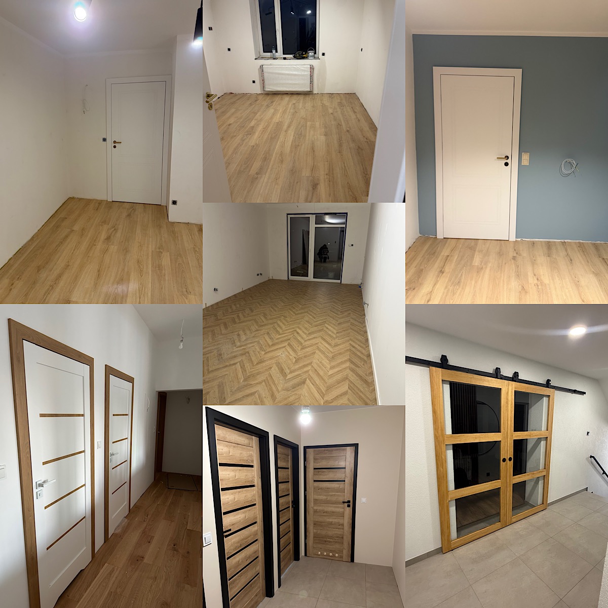 Kompozycja zdjęć: różne ujęcia wnętrz z zamontowanymi drzwiami i panelami podłogowymi. Widoczne różne style drzwi i wzory paneli, od klasycznych po nowoczesne.