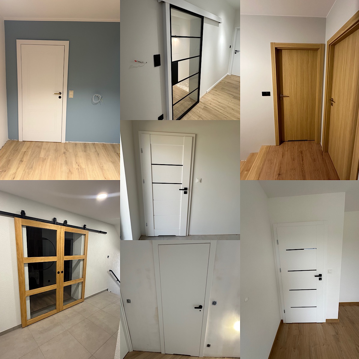 Kolaż prezentujący różnorodne, nowoczesne drzwi wewnętrzne: przesuwne, szklane, białe z czarnymi akcentami, drewniane, zamontowane w różnych wnętrzach.