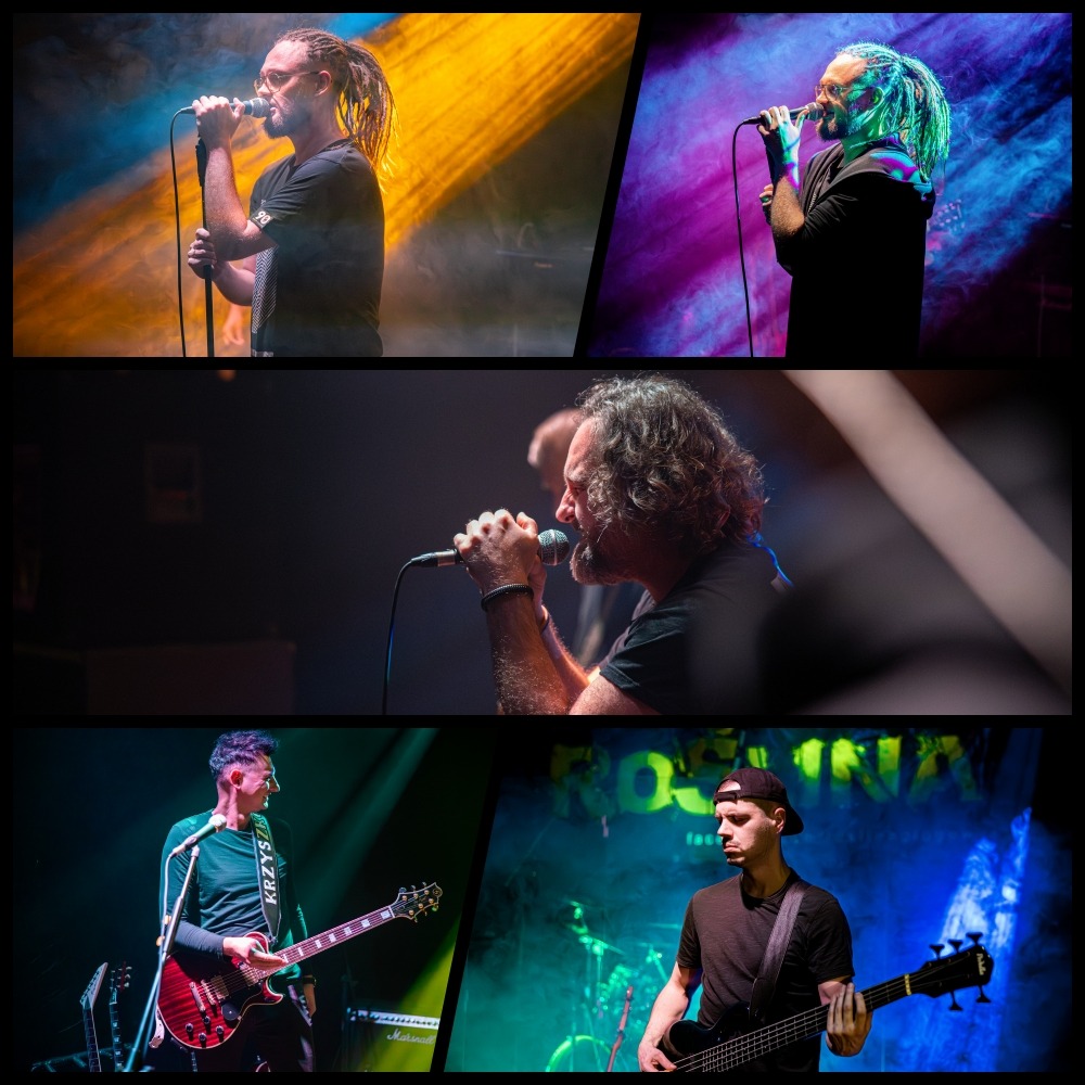 Kolaż z koncertu: wokalista z dredami w żółtym świetle, profil wokalisty z mikrofonem, gitarzysta z czerwoną gitarą i basista w czapce na tle sceny.