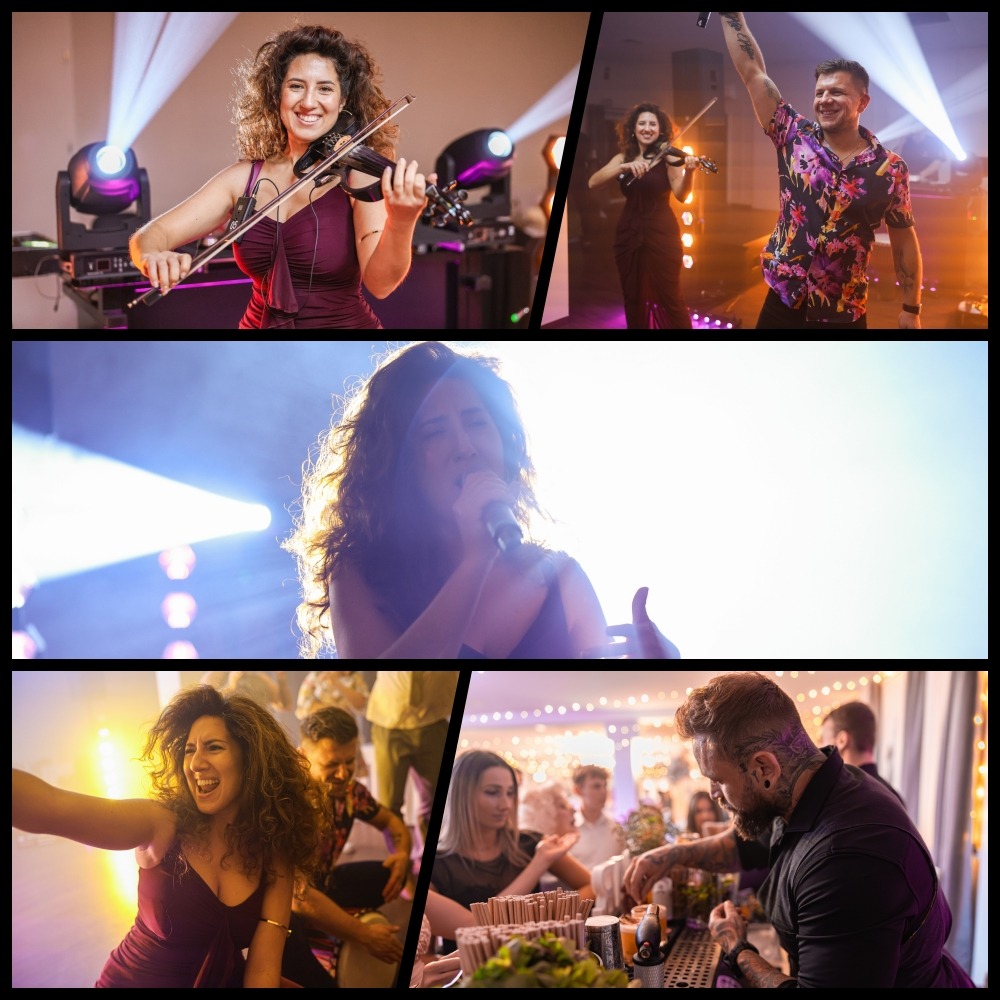 Kolaż z imprezy: skrzypaczka, wokalistka w blasku świateł, tańczący goście i barman przygotowujący drinki. Dynamiczne ujęcia z wydarzenia.