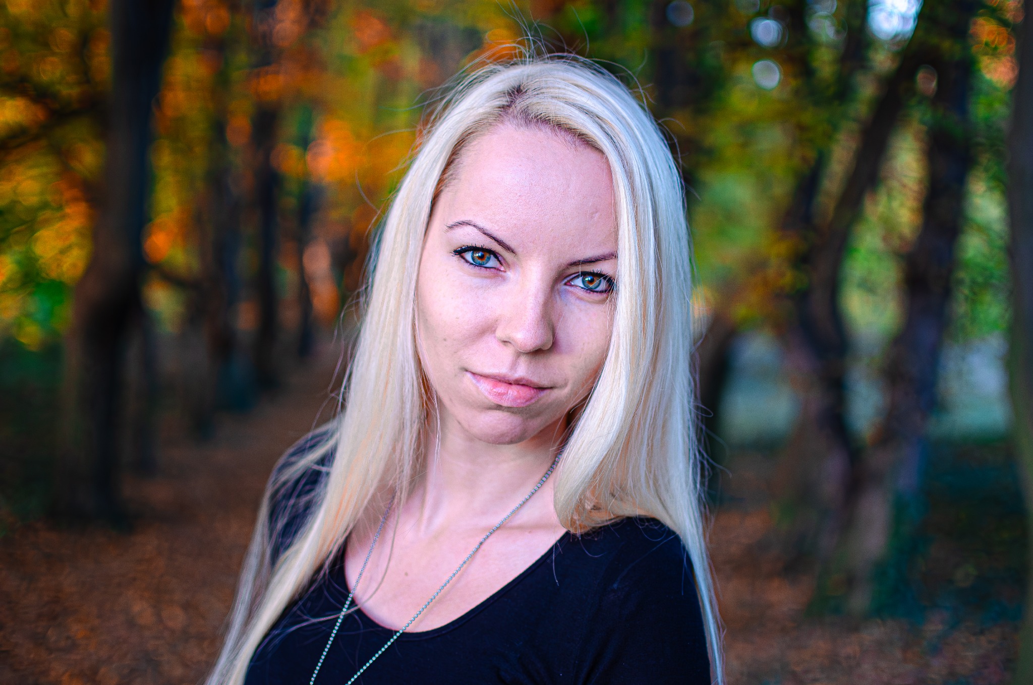 Portret kobiety o jasnych włosach i hipnotyzujących, różnobarwnych oczach na tle jesiennego lasu, uchwycony w naturalnym świetle.