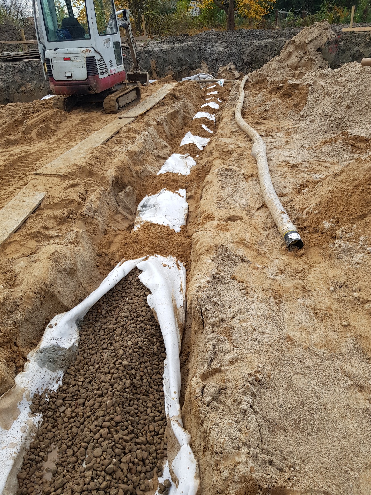 Instalacja drenażu: wykop z rurami w geowłókninie, wypełniony żwirem, z koparką w tle. Widoczne etapy prac ziemnych i przygotowanie do odprowadzania wody.