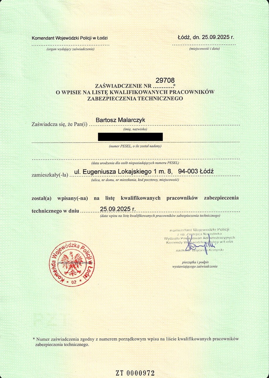Zaświadczenie o wpisie na listę kwalifikowanych pracowników zabezpieczenia technicznego, wydane przez Komendanta Wojewódzkiego Policji w Łodzi.