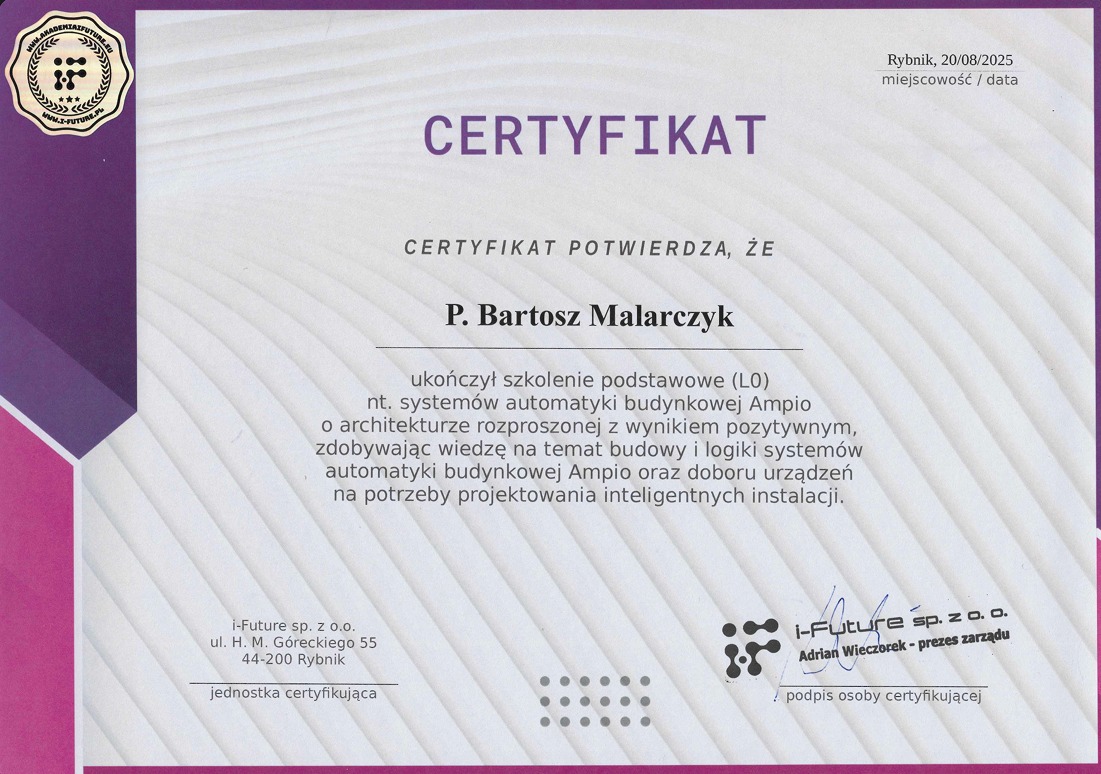 Certyfikat ukończenia szkolenia systemu automatyki budynkowej Ampio.