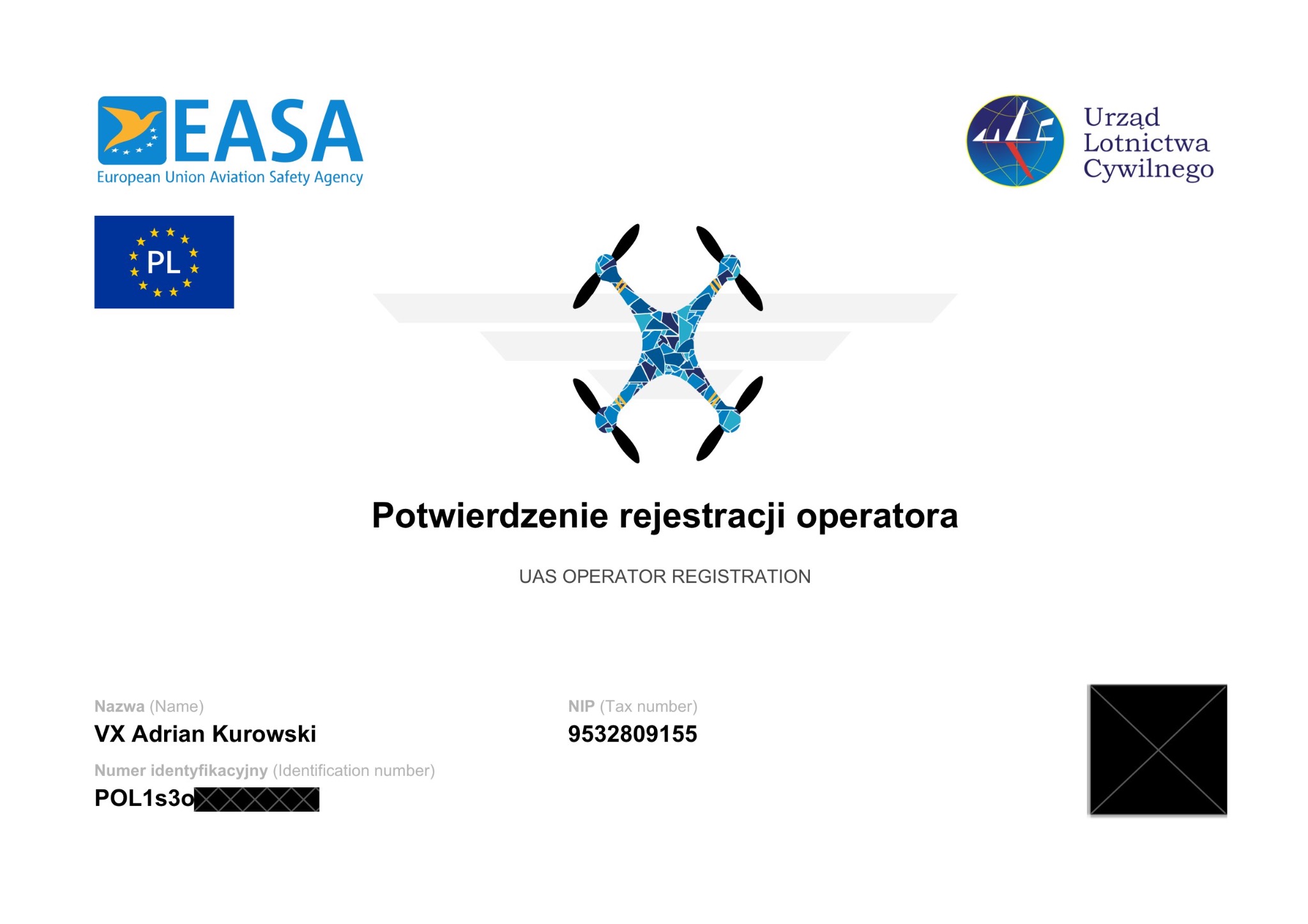 Dokument potwierdzający rejestrację operatora drona, z logotypami EASA i Urzędu Lotnictwa Cywilnego, danymi operatora i numerem identyfikacyjnym.
