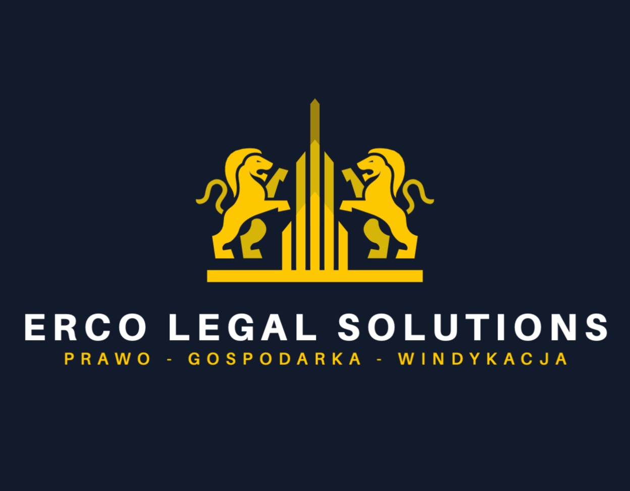 Żółto-białe logo 'ERCO LEGAL SOLUTIONS' na granatowym tle. Symbol lwa i budynków. Prawo, gospodarka, windykacja.