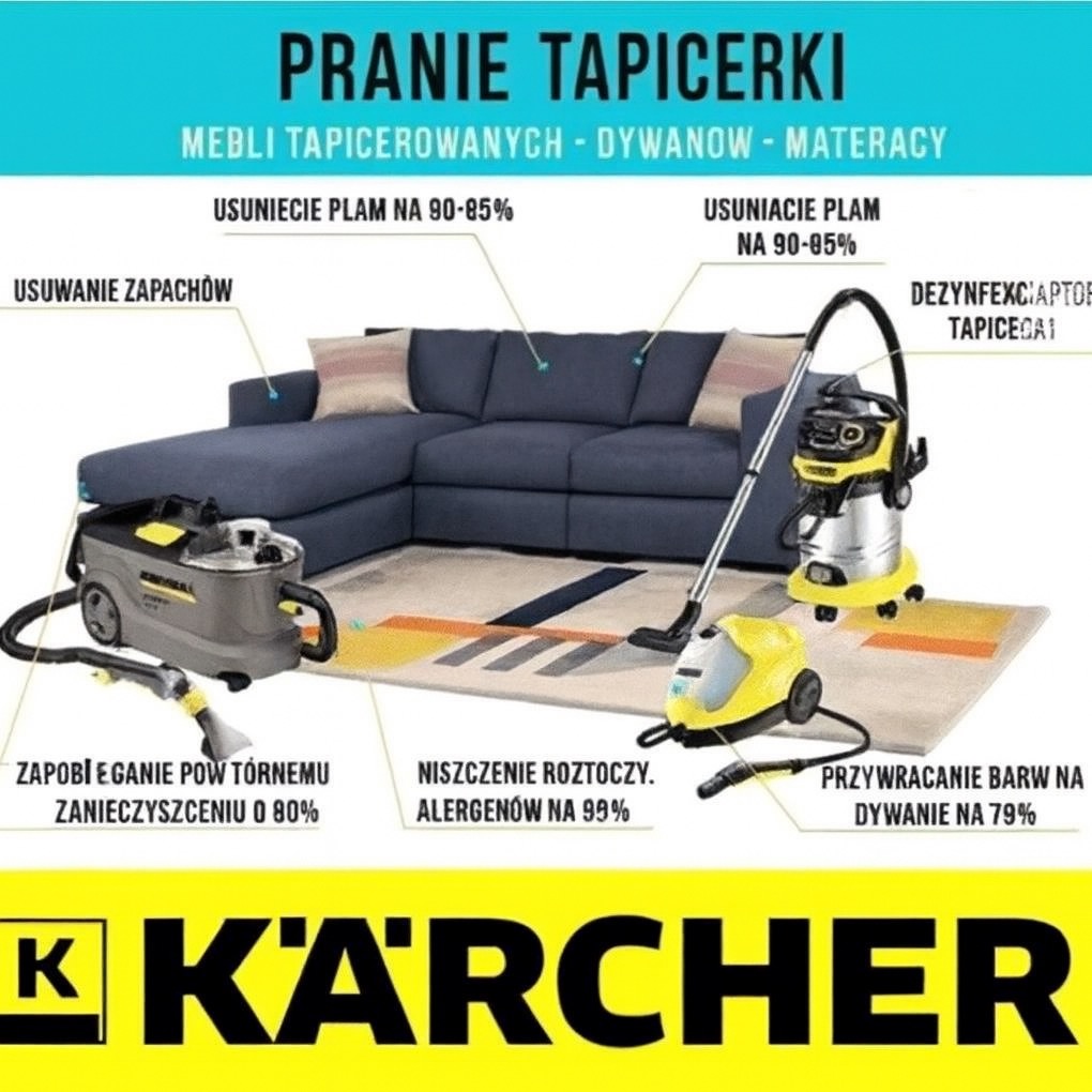 Ilustracja przedstawia sofę narożną, dywan i sprzęt Kärcher do czyszczenia tapicerki, dywanów i materacy. Grafika informuje o usuwaniu plam, zapachów i roztoczy.