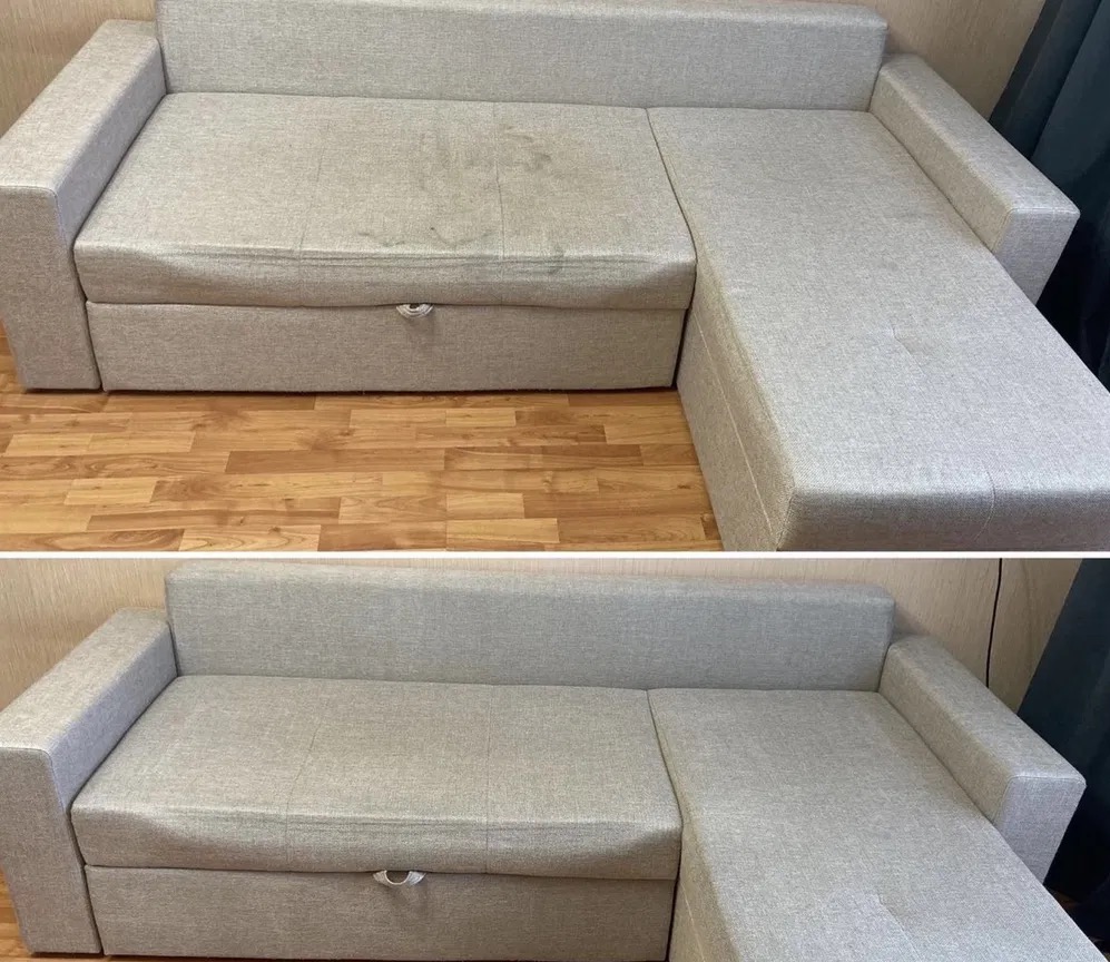 Kanapa narożna w odcieniach szarości, widok przed i po czyszczeniu. Wyraźna różnica w czystości tapicerki. Usługa wykonana w Warszawie.