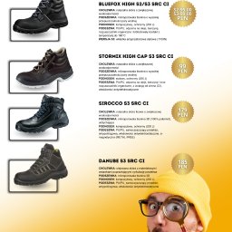 Paweł Kwiatek - Żółte tło z ofertą trzewików Lemaitre: Bluefox, Stormix, Sirocco, Danube. Mężczyzna z lupą w żółtej czapce patrzy z zaskoczeniem. Kontakt do Multi Service na dole.