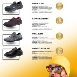 Paweł Kwiatek - Żółte tło z ofertą półbutów roboczych Lemaitre, cennik, dane kontaktowe Multi Service i mężczyzna z lupą, prezentujący ofertę. Promocja na wiosnę 2025.