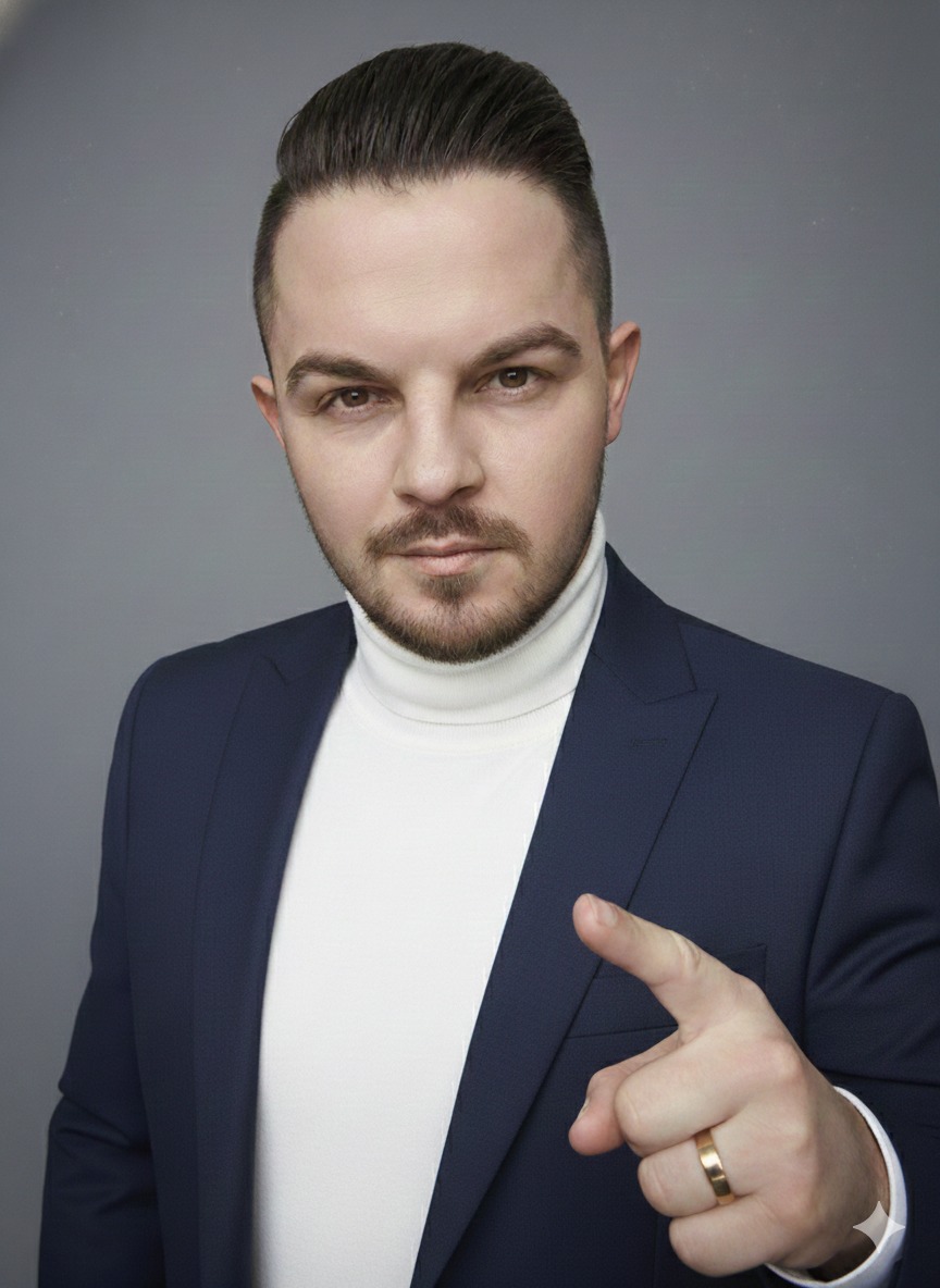 Portret mężczyzny w granatowej marynarce i białym golfie, wskazującego palcem w stronę widza. Na palcu złoty pierścień. Gładkie tło, profesjonalne oświetlenie.