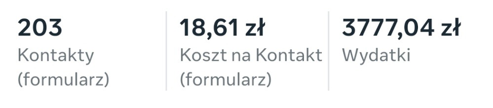 Statystyki kampanii: 203 kontakty z formularza, koszt kontaktu 18,61 zł, wydatki 3777,04 zł. Prezentacja danych w minimalistycznym stylu.