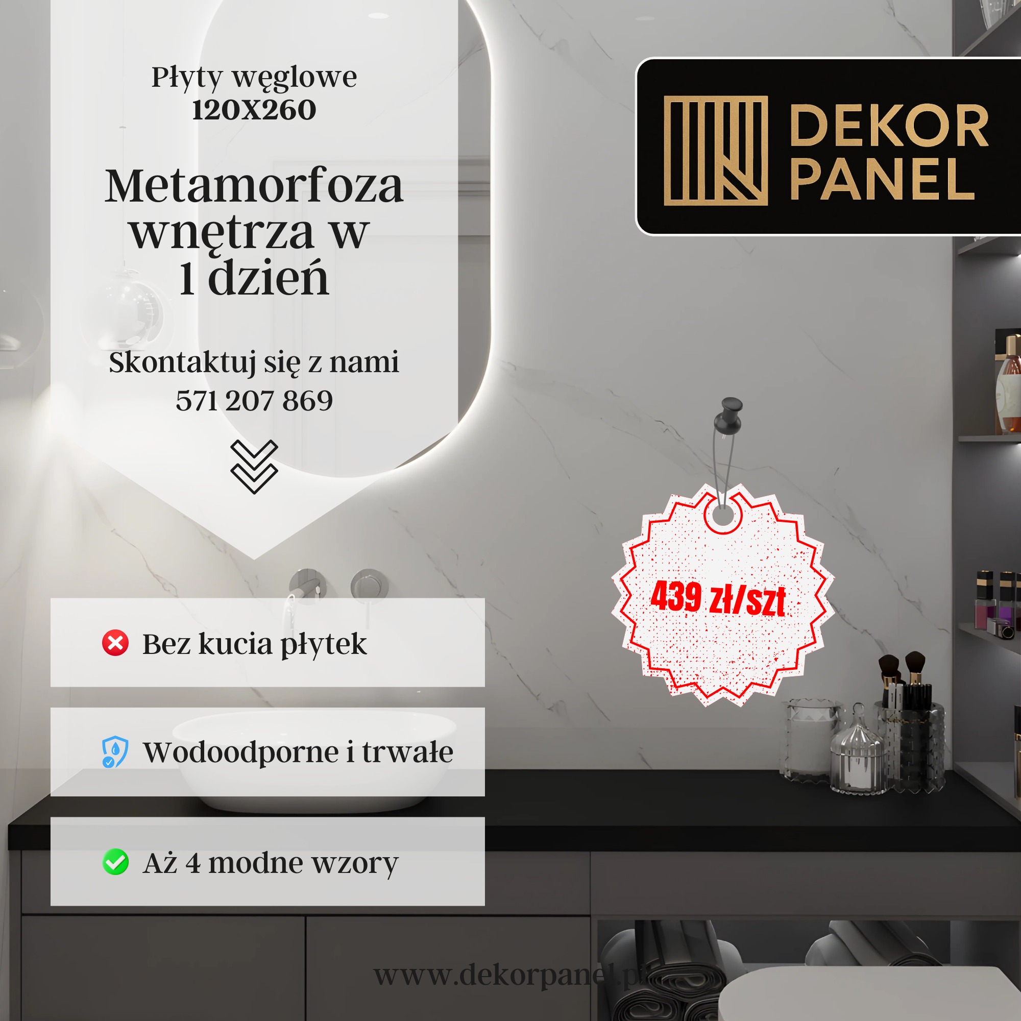 Panel dekoracyjny imitujący marmur w łazience. Płyty węglowe 120x260. Metamorfoza wnętrza w 1 dzień. Cena 439 zł/szt. Wodoodporne i trwałe. Bez kucia płytek.