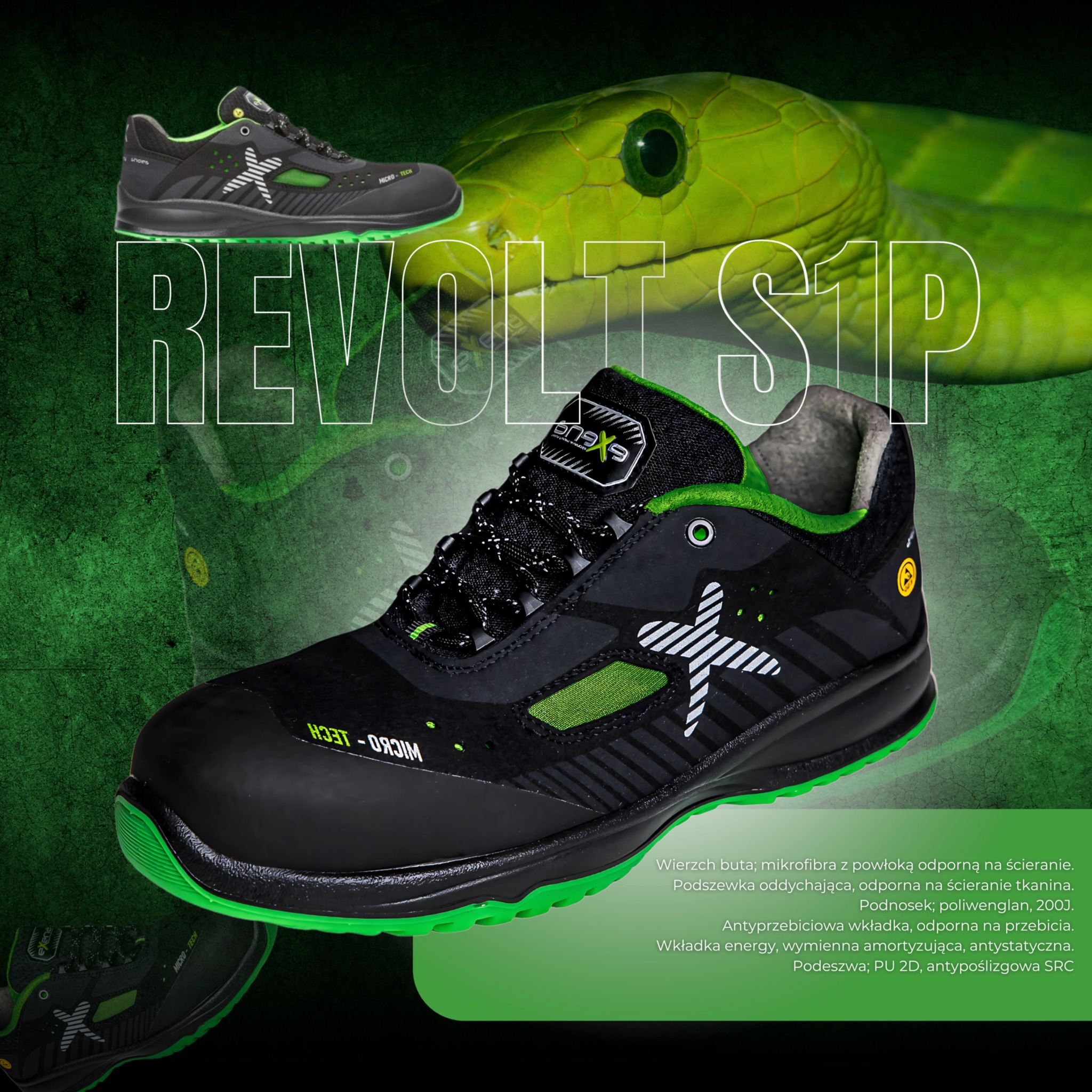But roboczy Exena Revolt S1P na zielonym tle z wizerunkiem węża. Czarno-zielona kolorystyka, mikrofibra, podeszwa antypoślizgowa. Prezentacja produktu.