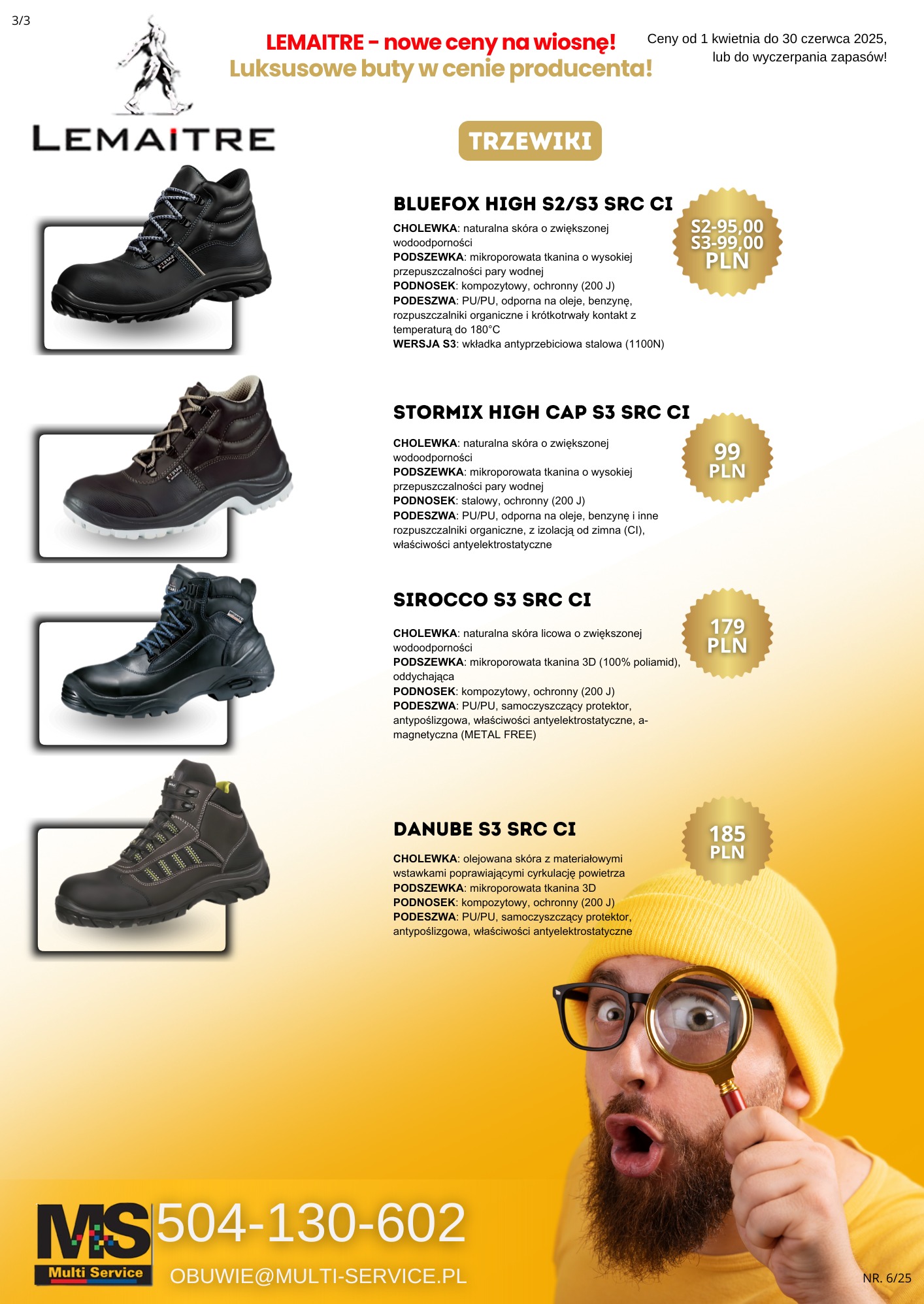 Żółte tło z ofertą trzewików Lemaitre: Bluefox, Stormix, Sirocco, Danube. Mężczyzna z lupą w żółtej czapce patrzy z zaskoczeniem. Kontakt do Multi Service na dole.