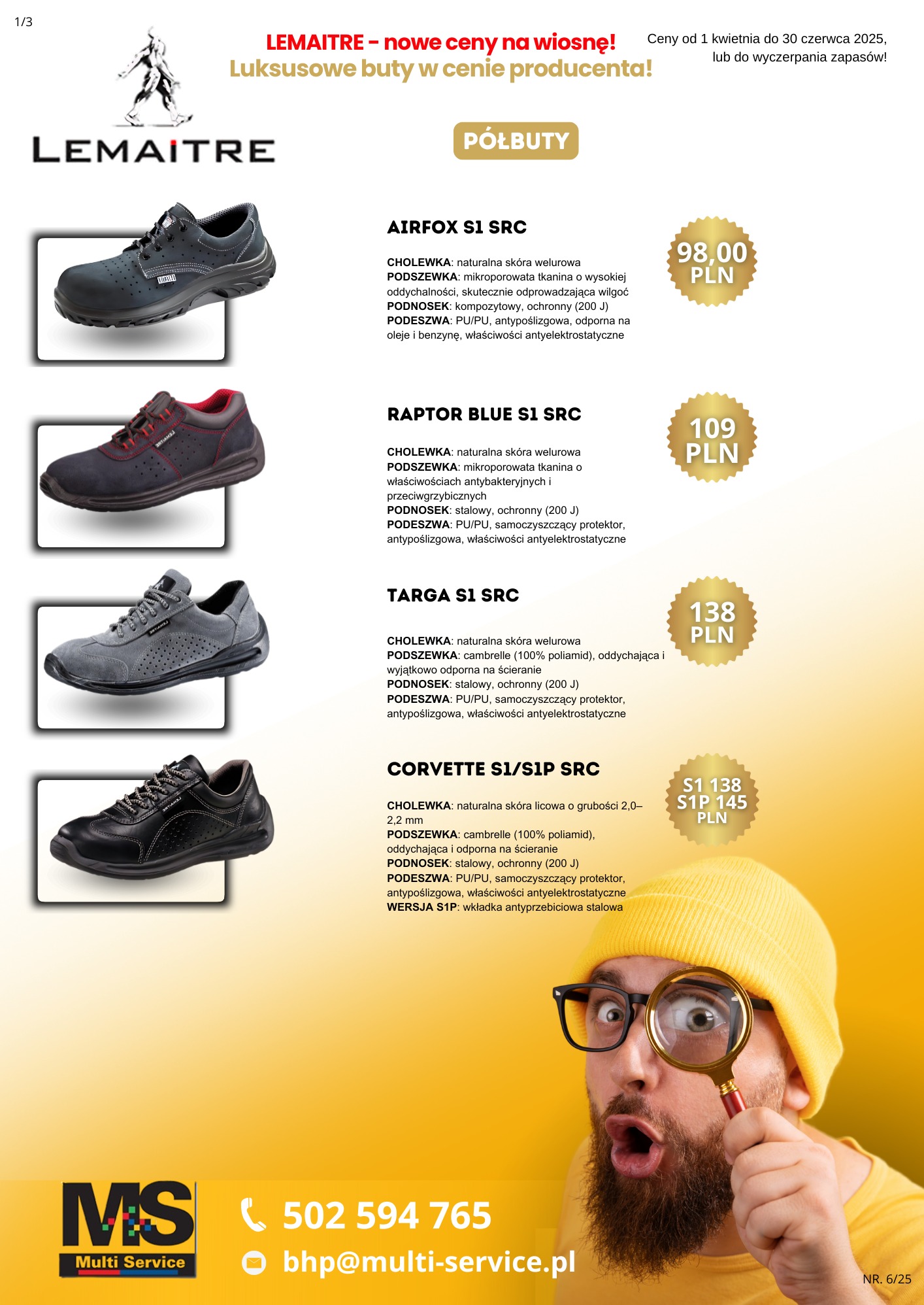 Żółte tło z ofertą półbutów roboczych Lemaitre, cennik, dane kontaktowe Multi Service i mężczyzna z lupą, prezentujący ofertę. Promocja na wiosnę 2025.