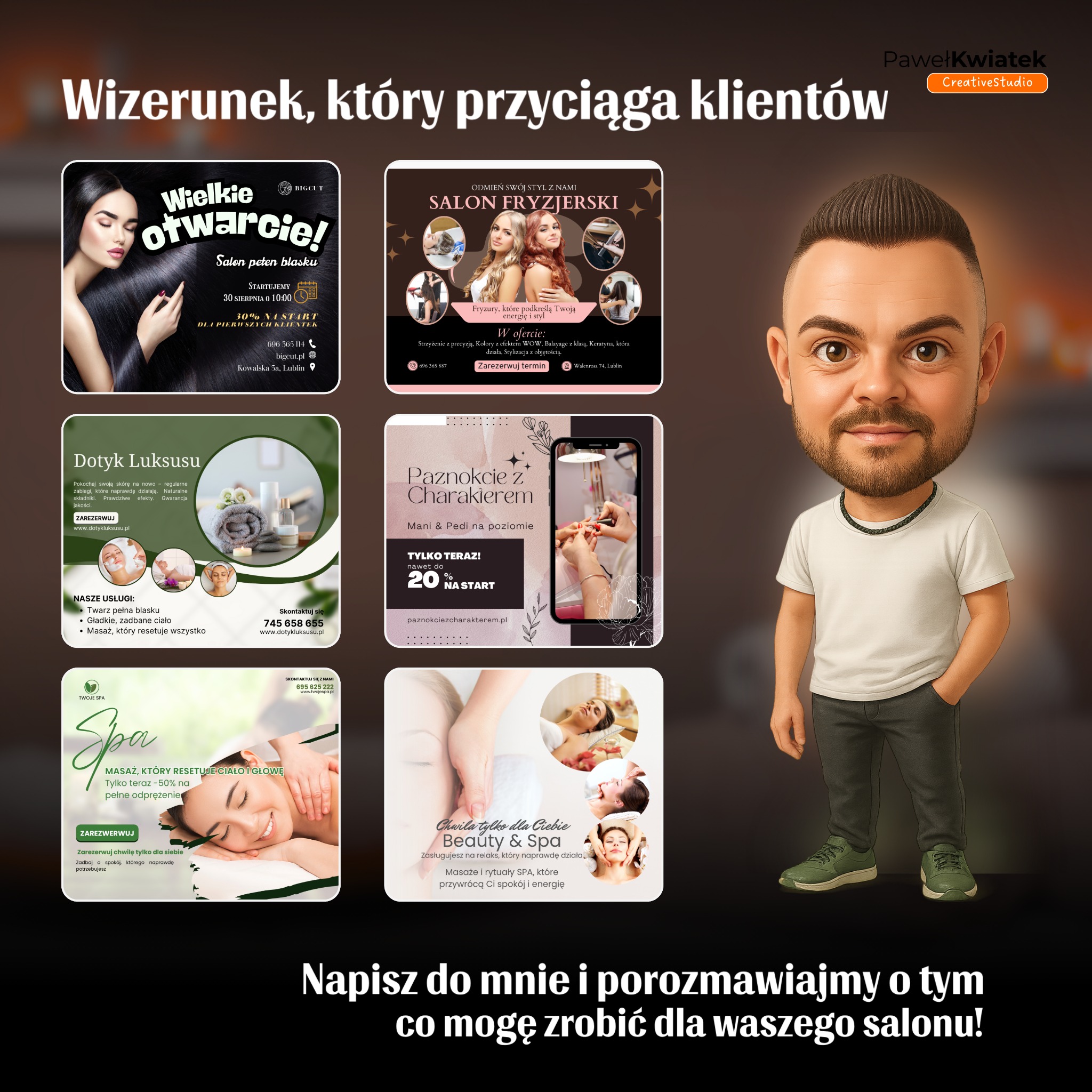 Grafika reklamowa z ofertami salonów piękności i fryzjerskich, z ilustracją stylizowanego mężczyzny i hasłem 'Wizerunek, który przyciąga klientów'.
