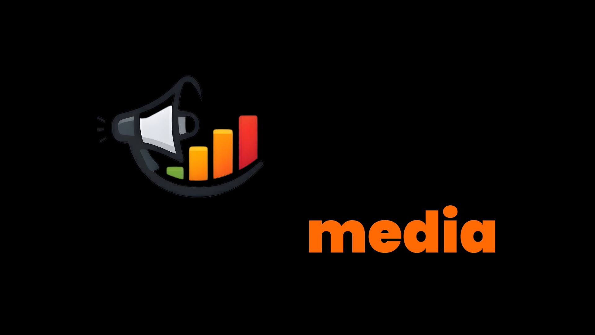 Grafika z megafonem, kolorowymi wykresami słupkowymi i pomarańczowym napisem 'media' na czarnym tle. Symbolizuje komunikację i analizę danych.
