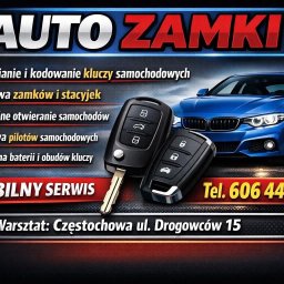 Auto Zamki - Klucze samochodowe z pilotami na tle błękitnego auta. Oferta: dorabianie, kodowanie, naprawa zamków, stacyjek, pilotów. Mobilny serwis, Częstochowa, tel. 606 445 330.