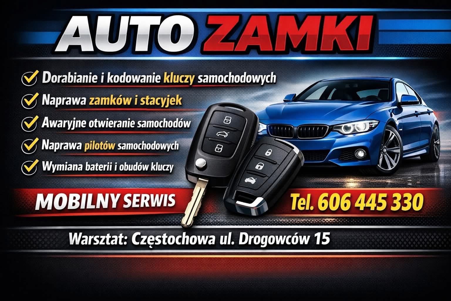 Klucze samochodowe z pilotami na tle błękitnego auta. Oferta: dorabianie, kodowanie, naprawa zamków, stacyjek, pilotów. Mobilny serwis, Częstochowa, tel. 606 445 330.